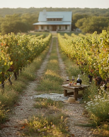 Vineyard rows with picnic setup and modern farmhouse with blue roof in background