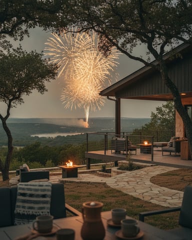 Modern hilltop home with stone exterior, deck with fire pits, and fireworks bursting over distant lake at dusk