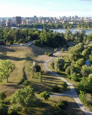 Aerial view of urban park with river and city skyline in background