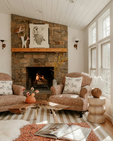 Bright living room with stone corner fireplace burning, armchairs, and big windows