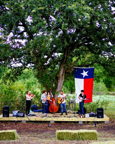 Texas band playing under a live oak tree with a Texas flag backdrop