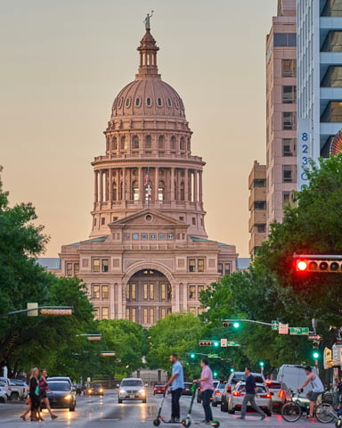 Texas State Capitol at golden hour from Congress Avenue