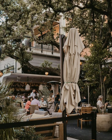 Lush outdoor bar patio in Austin with string lights, tropical plants, umbrellas, and people socializing