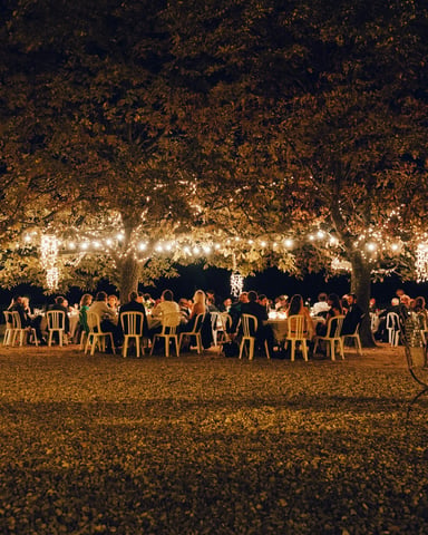 Outdoor dinner reception under trees with warm string lights
