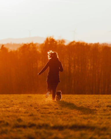Girl and golden retriever running through a sunny field at sunset