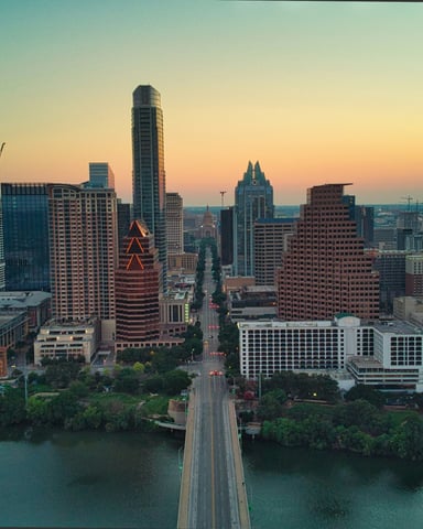 Austin skyline at golden hour sunrise viewed from south of the Colorado River