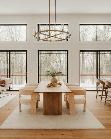 Bright open-plan dining and living room with tall windows and warm wood tones