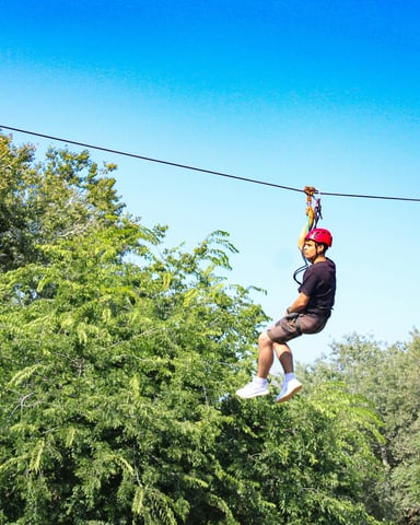 Person ziplining above green treetops against a clear blue sky