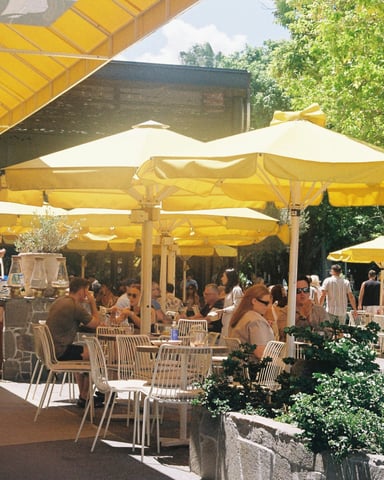 Sunny outdoor cafe patio with yellow umbrellas, people dining, and lush trees