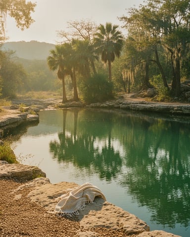 Scenic river with palm trees, cypress trees, and rocky banks at golden hour with misty hills in background