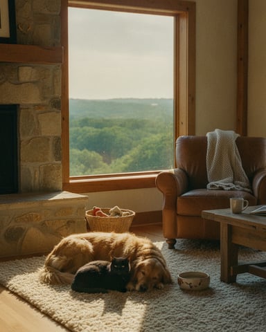 Cozy room with leather armchair, fireplace, and large window overlooking forested valley, dog and cat resting on rug