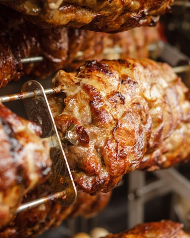 Roasted meat skewers on vertical rotisserie spits with caramelized, golden-brown exterior