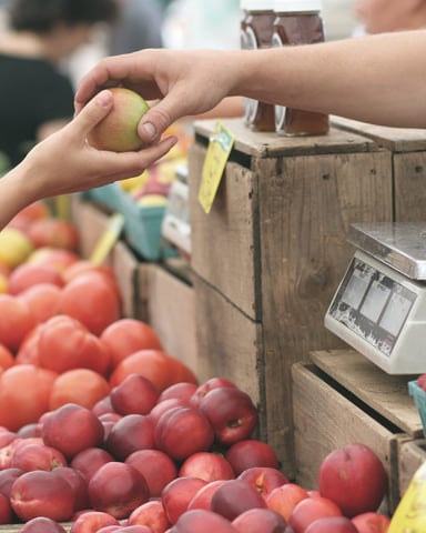 Hand selecting a green apple from a farmers market stand with red apples and scale visible