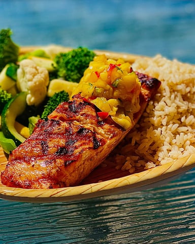 Grilled salmon fillet with pineapple glaze, served with steamed broccoli and white rice on wooden plate