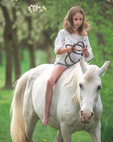Child riding a white horse on a tree-lined path, holding the reins.