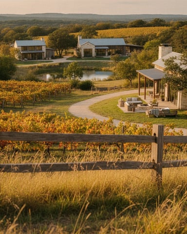 Vineyard estate with modern farmhouse, pond, and rolling hills at golden hour